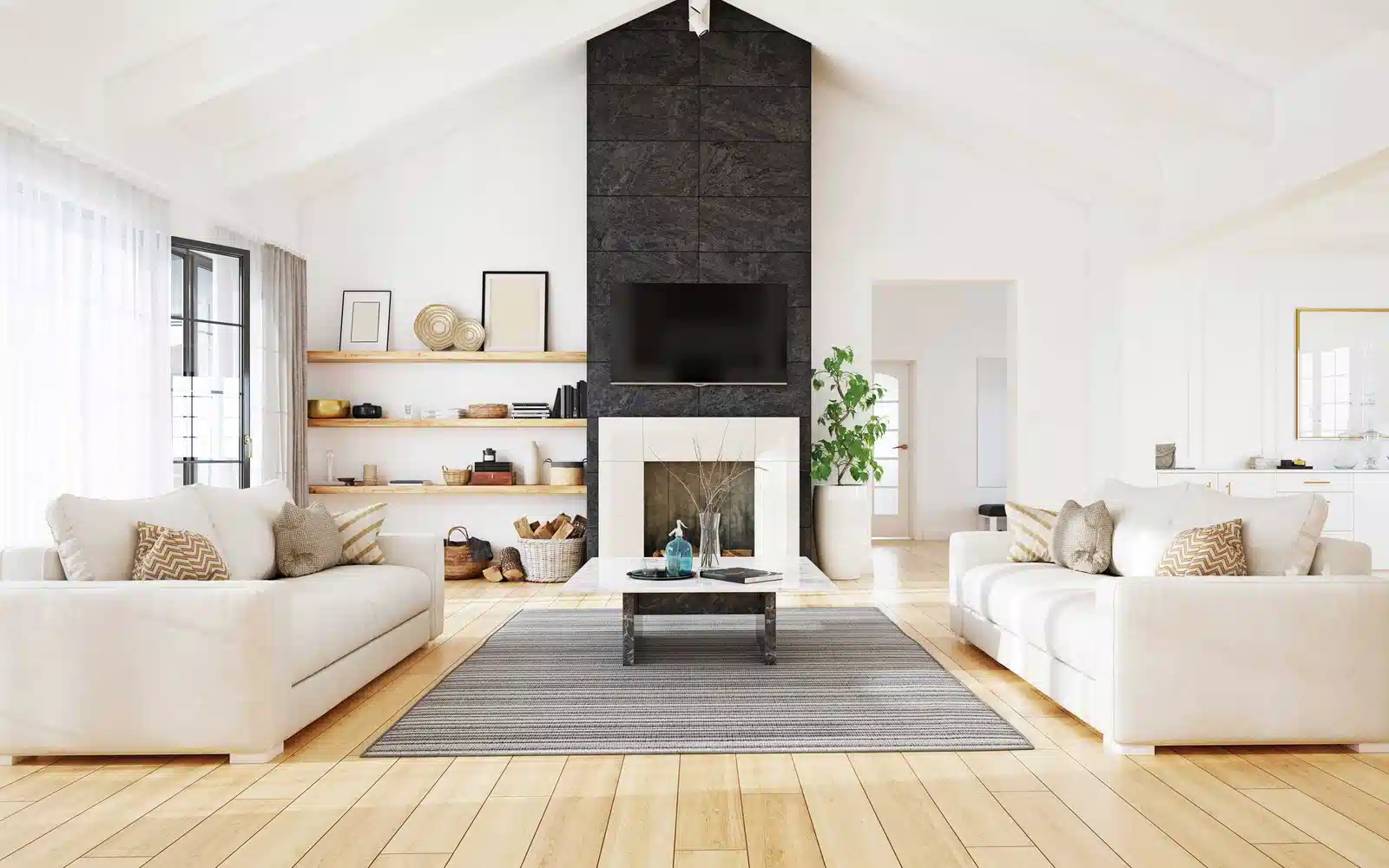 A cleaner vacuuming a living-room floor.