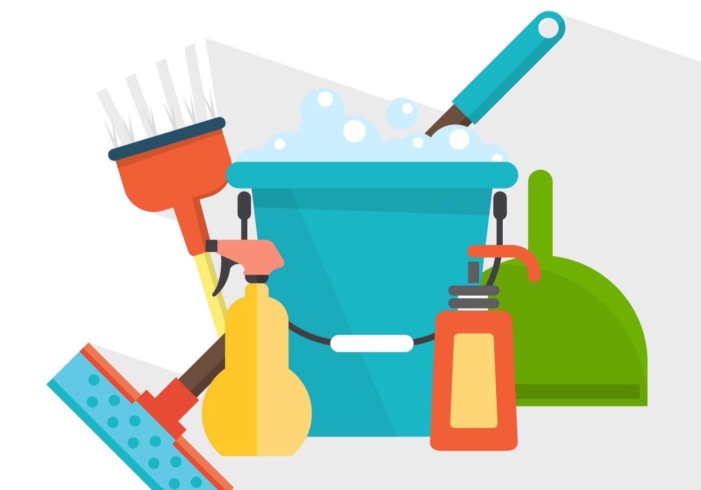 A bucket, spray bottles, brush, squeegee and dustpan.